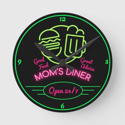 Moms Diner Open 247 Retro Fifties Neon Effect Round Clock