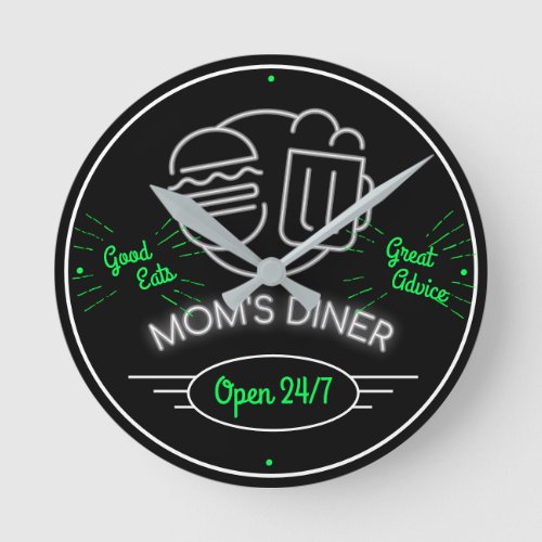 Moms Diner Open 247 Retro Fifties White Green Round Clock