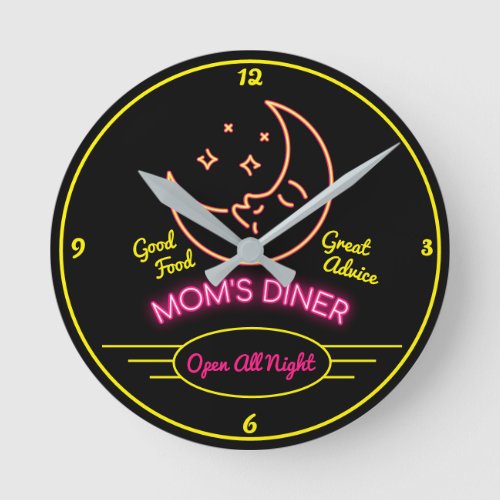Mom's Diner Open All Night Retro 50's Neon Effect Round Clock