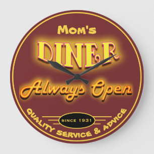 Mom's Diner or Any Name Burgundy Neon Look - Large Clock