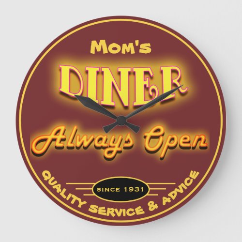 Moms Diner or Any Name Burgundy Neon Look  _ Large Clock