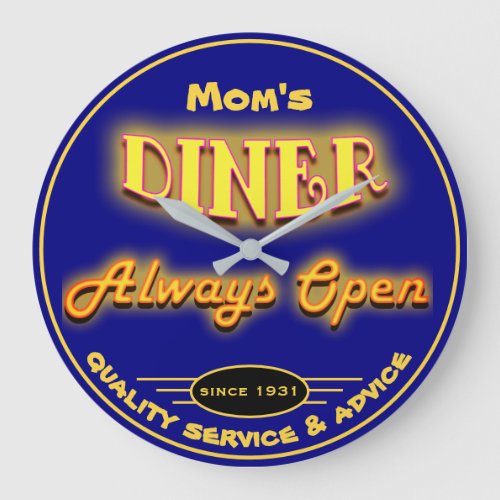 Moms Diner or Any Name Neon Look Navy Blue _ Large Clock