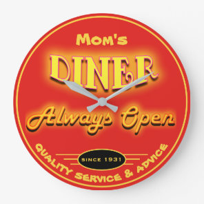 Mom's Diner or Any Name Neon Look Red - Large Clock