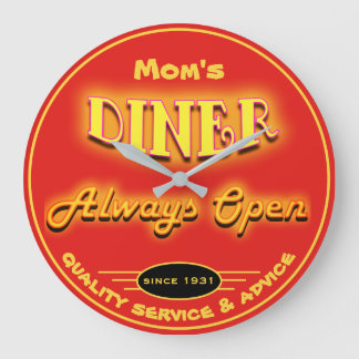Mom's Diner or Any Name Neon Look Red - Large Clock