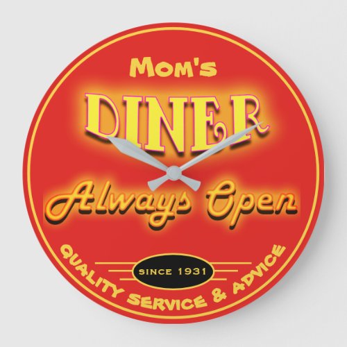 Moms Diner or Any Name Neon Look Red _ Large Clock