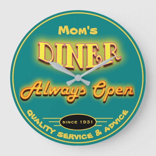 Moms Diner or Any Name Neon Look Teal _ Large Clock