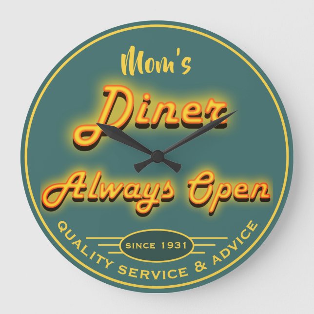 Mom's Diner or Any Name Yellow & Teal Neon Look  - Large Clock (Front)