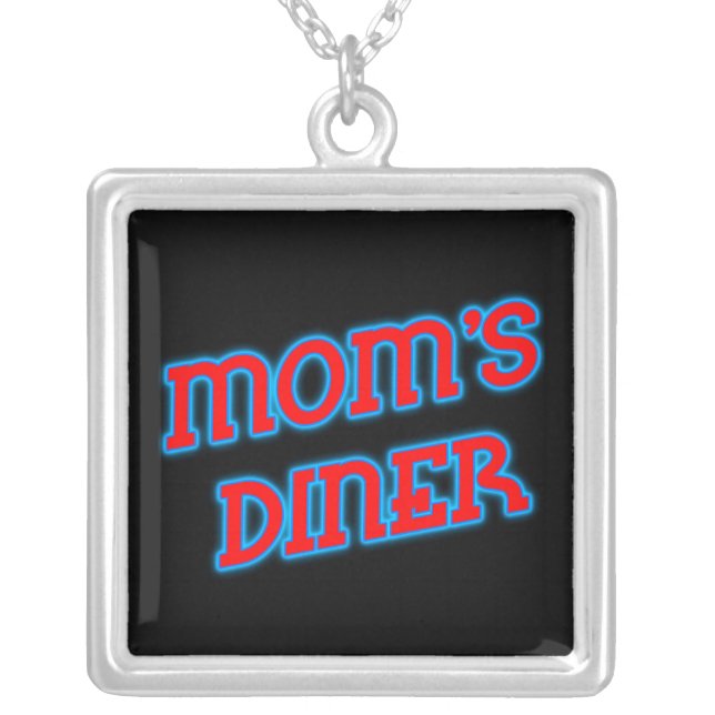 Moms Diner Red Blue Neon Saying Silver Plated Necklace (Front)