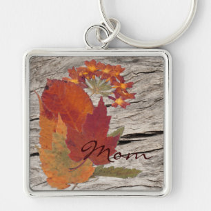 Mom's Dried Autumn Leaves and Flowers Keychain