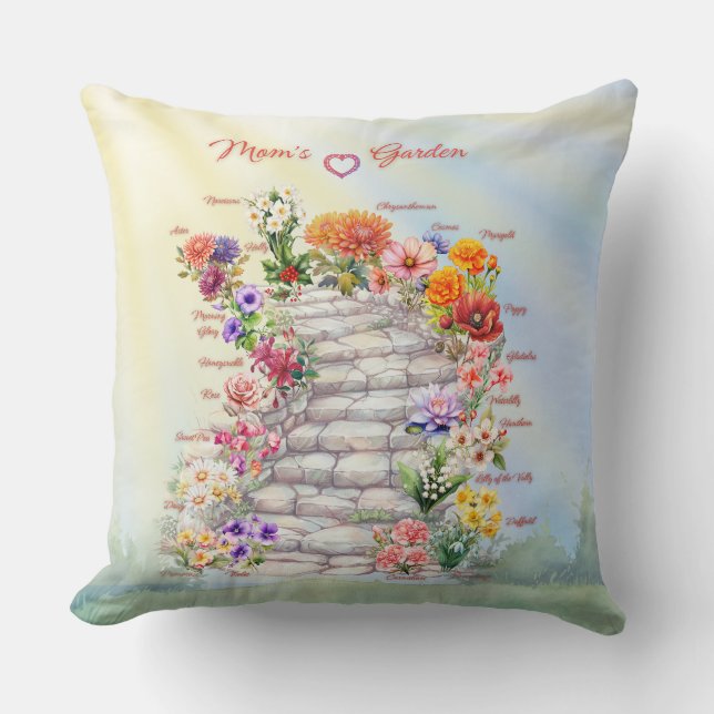 Mom's Garden of Her Children by Birth Flower Throw Pillow (Front)