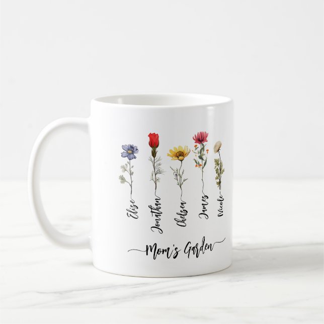 Mom's Garden Personalized Name Script Wildflowers Coffee Mug (Left)