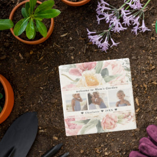 Mom's Garden Stone   Floral Three Photo Collage Coaster