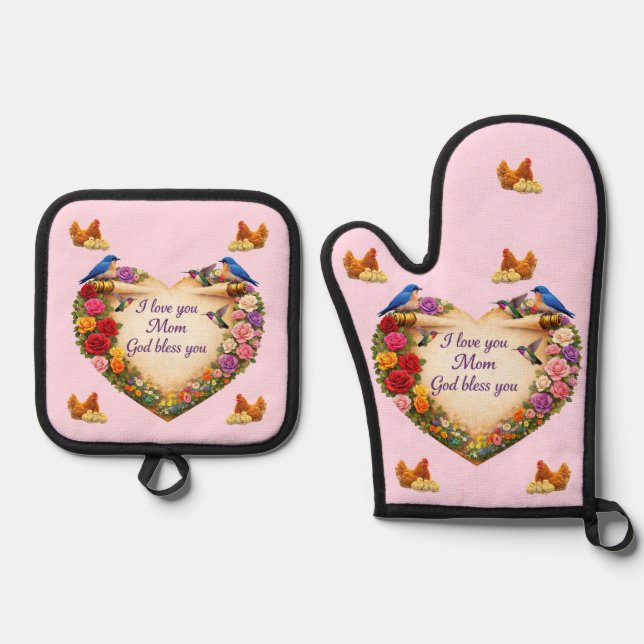 Mom's Heart & Chicken Oven Mitt & Pot Holder Set  (Front)