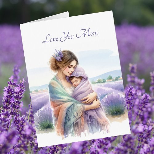 Moms Hug Lavender Field Mothers Day Watercolor Card