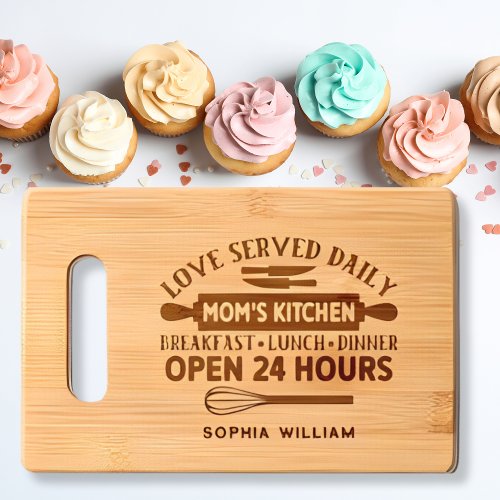 Moms Kitchen Love Served Daily Personalized Name Cutting Board