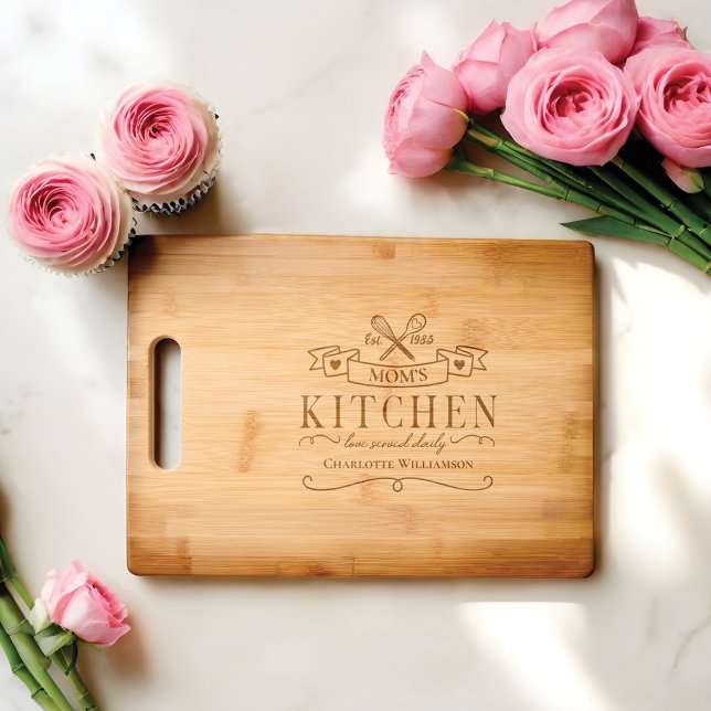 Mom's Kitchen Love Served Daily Personalized Name Engraved Cutting Board (Mom's Kitchen Love Served Daily Personalized Name Cutting Board)