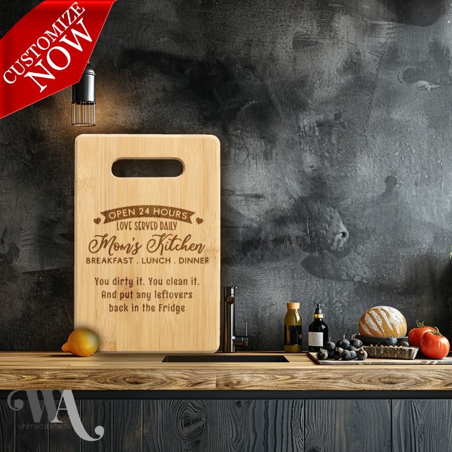 Mom's Kitchen Open 24 Hours Engraved Cutting Board (easy to customize)