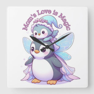 Mom's Love is Magic Cute Fairy Penguin Wall Cloc Square Wall Clock