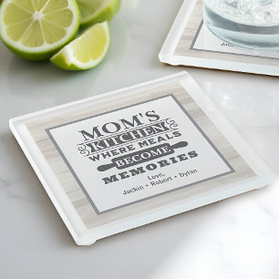 Mom's Meals Become Memories Rustic Kitchen Glass Coaster