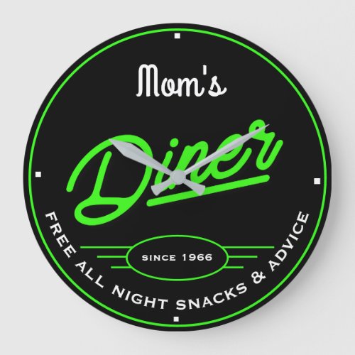 Moms or Any Name Diner Retro Green Funny Large Clock