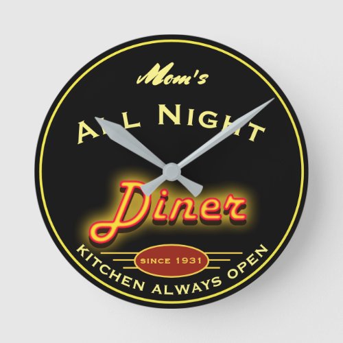 Moms or Any Name Fun All Night Faux Neon Diner _ Round Clock