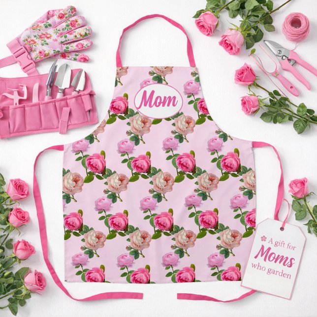 Mom's Pink Rose Mother's Day  Apron (Mother's Day gift idea for mom's who enjoy gardening )