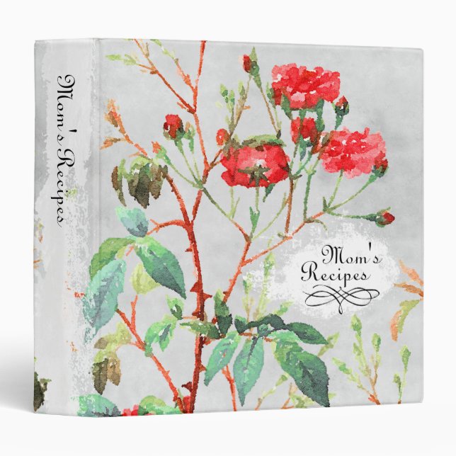 Mom's Recipe Book Red Rose Garden Floral 3 Ring Binder (Front/Spine)
