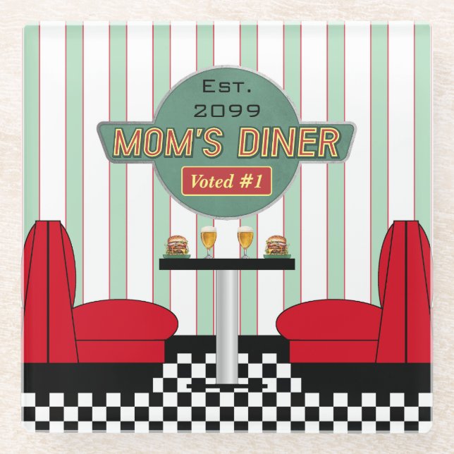 Mom's Retro Diner with Burgers & Beer Glass Coaster (Front)