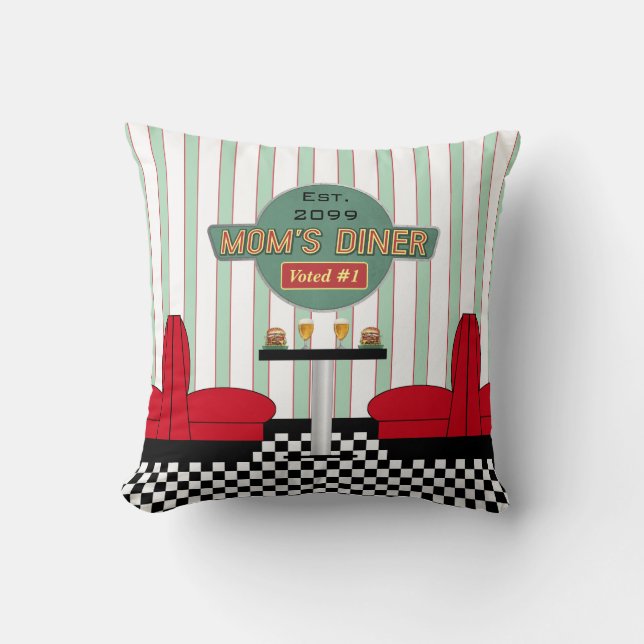Mom's Retro Diner with Burgers & Beer Throw Pillow (Front)