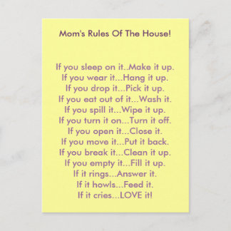 Mom's Rules Of The House Postcard