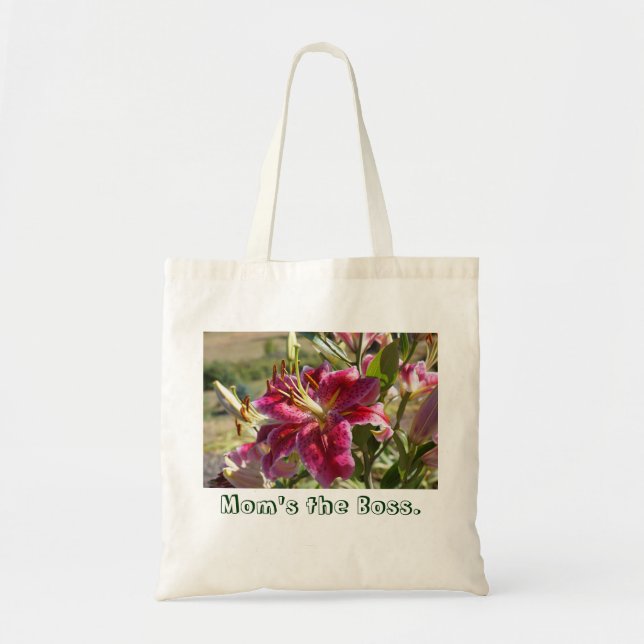 Mom's the Boss Tote Bags Pink Lily Flowers custom (Front)