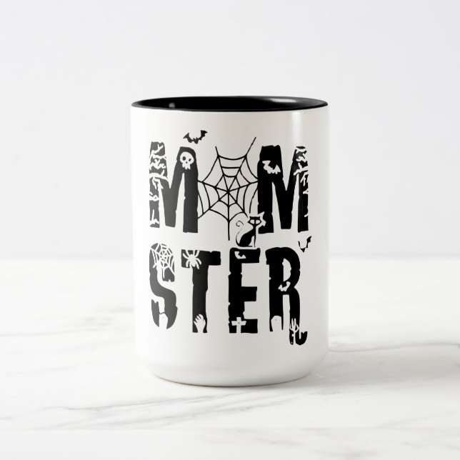 Momster Funny Halloween Spider Bat Graphic Two-Tone Coffee Mug (Center)