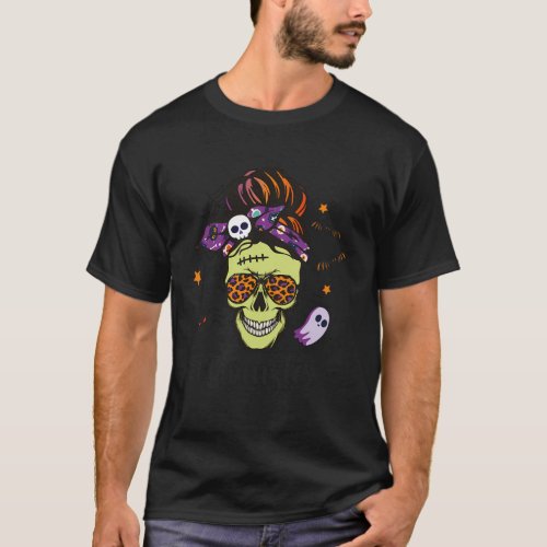Momster Halloween Skull Mom Messy Hair Bun Monster T_Shirt