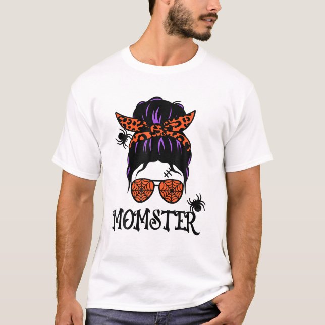 Momster Messy Bun With Orange Spiders - Halloween T-Shirt (Front)