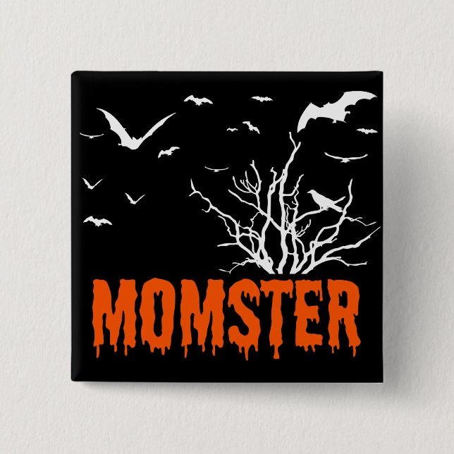 Momster Orange Dripping Font Flying Bats Button (Front)