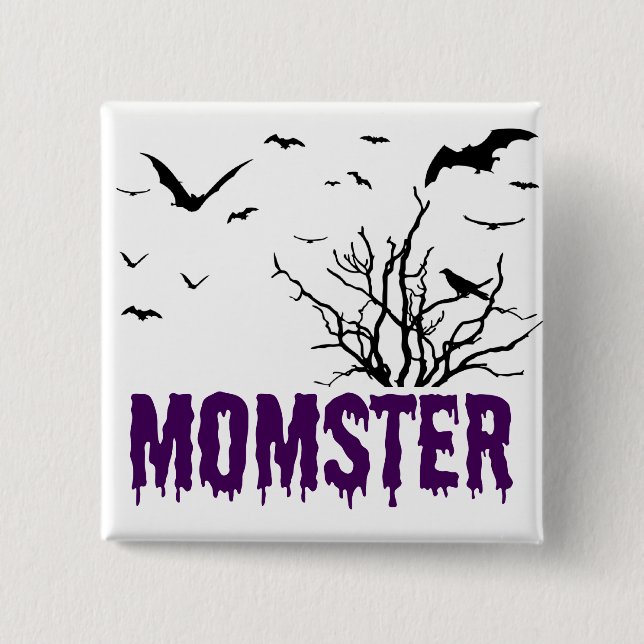 Momster Purple Dripping Font Flying Bats Button (Front)