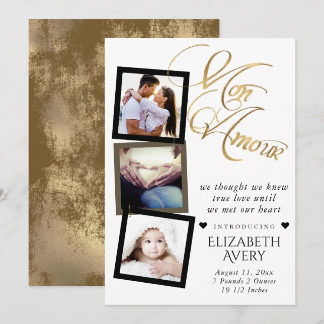 Mon Amour | Gold Grunge Foil Baby Birth 3 Photo Announcement (Front/Back)