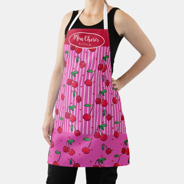 Mon Cheri Berries Heart Pattern Custom Red Pink Apron (Insitu)
