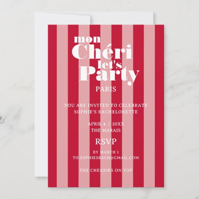 Mon Cherie Let's Party Cherry Red Bold Stripe Invitation (Front)