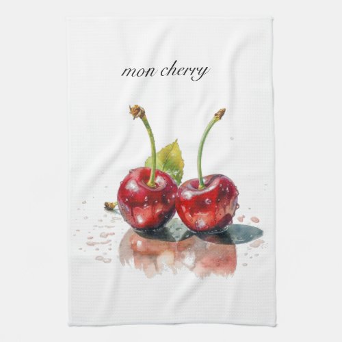 mon cherry two cherries watercolor customizable kitchen towel