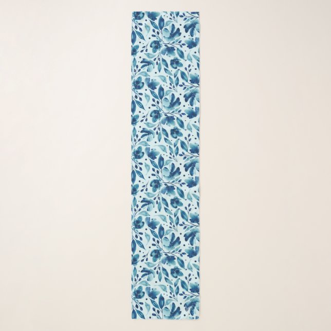 Mona Blues-Watercolor Wildflowers Floral on White Scarf (Front)