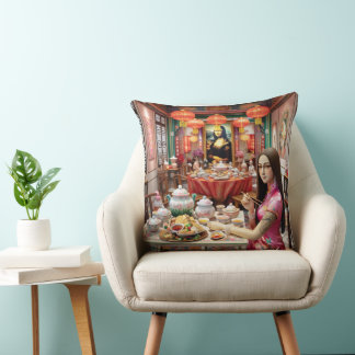 Mona eating China foods in China restaurant Throw Pillow
