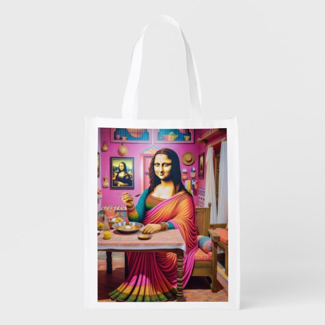 Mona eating Indian foods Reusable Grocery Bag (Front)