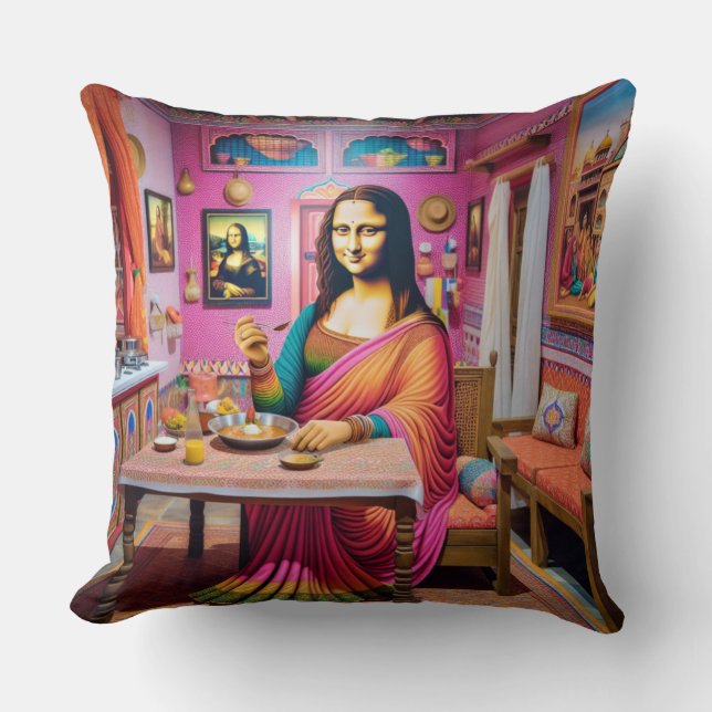 Mona eating Indian Foods Throw Pillow (Front)