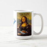 Mona Latke 15oz Mug<br><div class="desc">In celebration of the Jewish holiday Hanukkah or the Festival of Lights,  Mona is offering traditional latkes. She has lit her candles and is prepared to play the dreidel game with chocolate coins.</div>