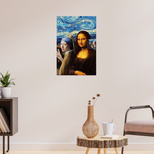 Mona Lisa and a girl taking a selfie Poster