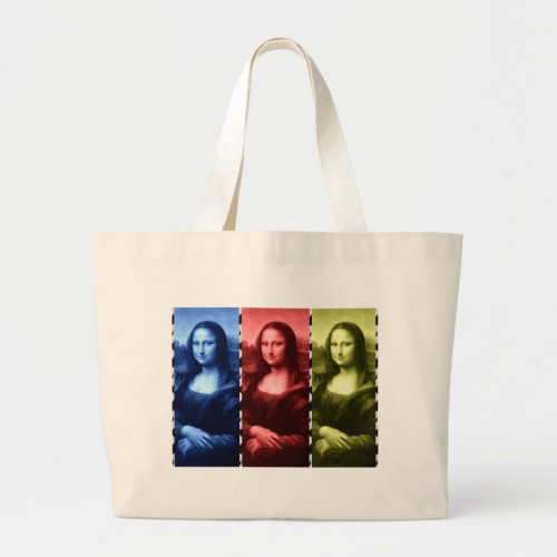 Mona Lisa Animal Print Primary Colors Large Tote Bag