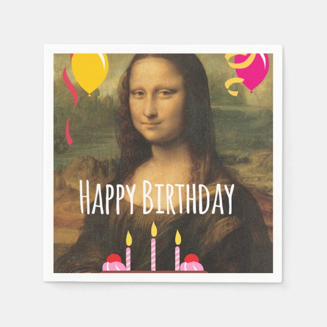 Mona Lisa Birthday With Cake and Balloons Paper Napkins (Front)