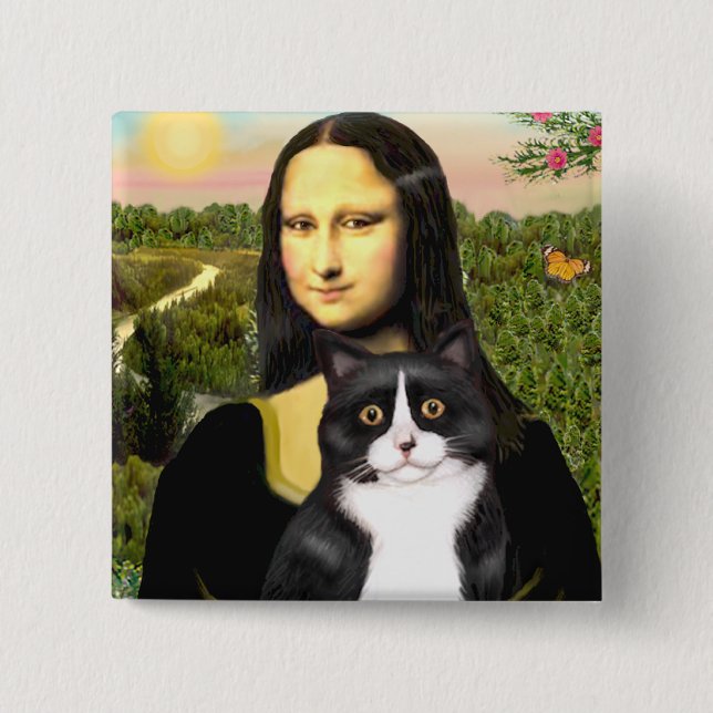 Mona Lisa - black and white cat Button (Front)