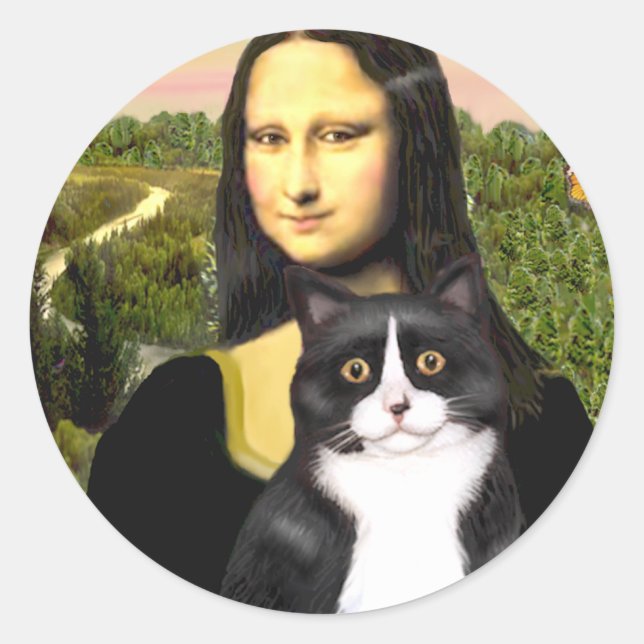 Mona Lisa - black and white cat Classic Round Sticker (Front)